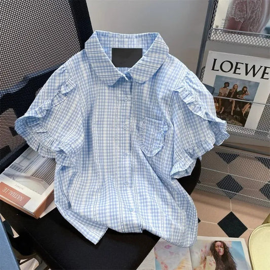 Harajuku Sweet Blue Plaid Shirts Summer Puff Sleeve Ruffles Blouses Y2k Grunge Single Breasted Blusas Mujer