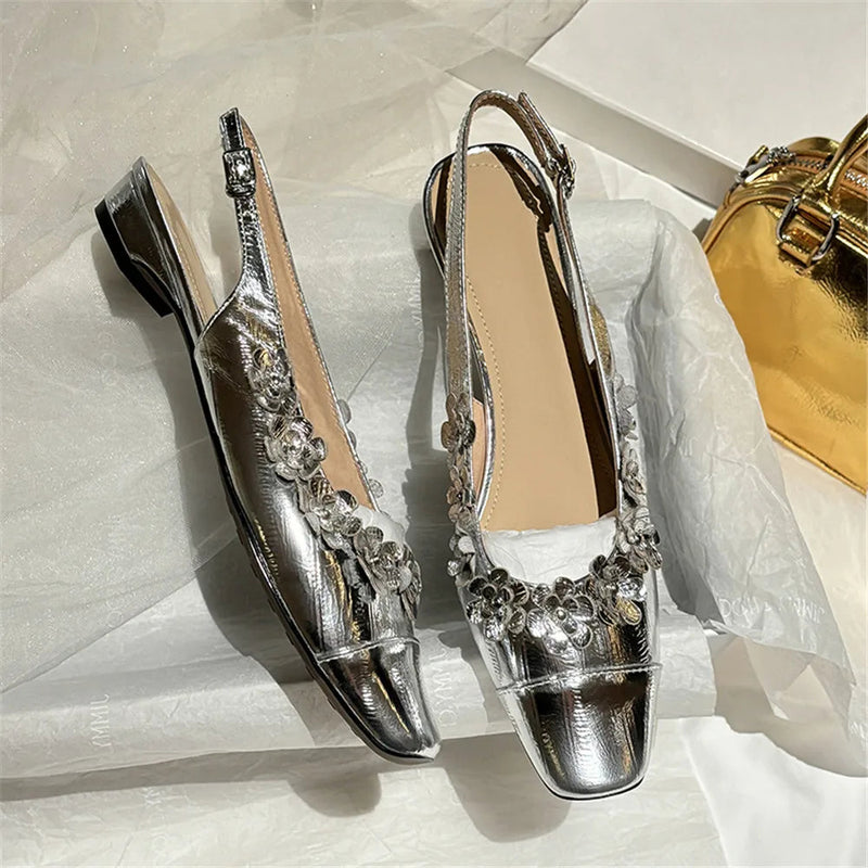 New Genuine Leather Pumps Flowers Decoration Party Wedding Shoes Woman Slingbacks Summer Sandals Pumps