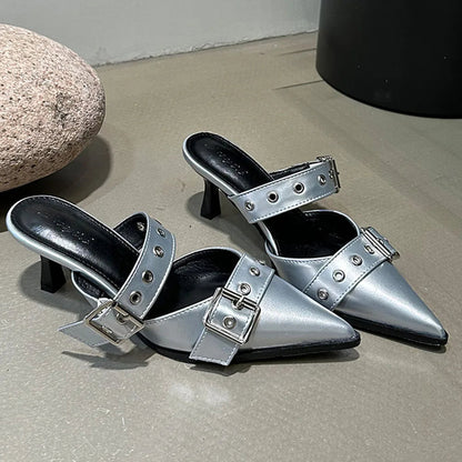 Pumps Belt Buckle Pointed Toe Black High Heel Mule Summer Slides Half Slipper Shoes for Big Size 43