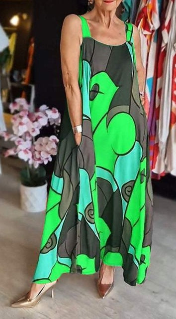 Print Spaghetti Strap Dresses Pocket Loose Long Dress Lady Commuting Clothing Maxi Vestidos Summer New