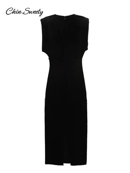 V-neck Velvet Long Dress for Sleeveless Pleat Metal Button High Waist Party Dresses Lady Evening Gown