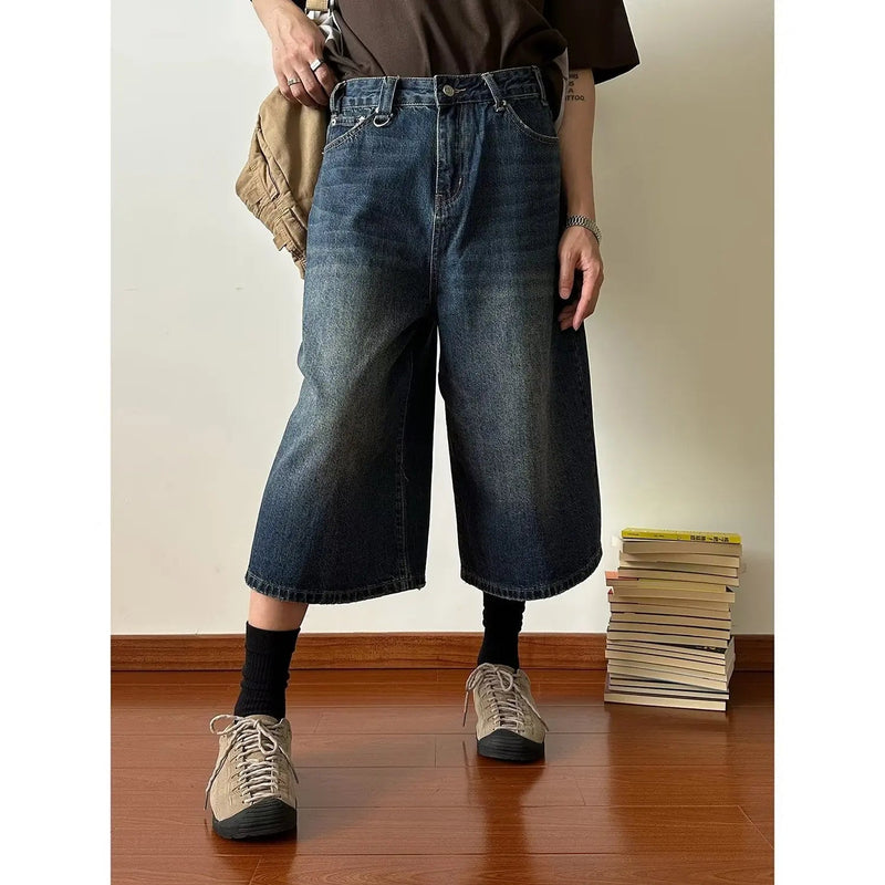 Harajuku High Waist 2000s Blue Denim Shorts Loose Fit Y2k Punk Style Baggy Shorts