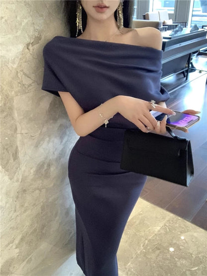 Skew Collar Long Dresses Spring Summer Vestidos Mujer Korean Bodycon Dress