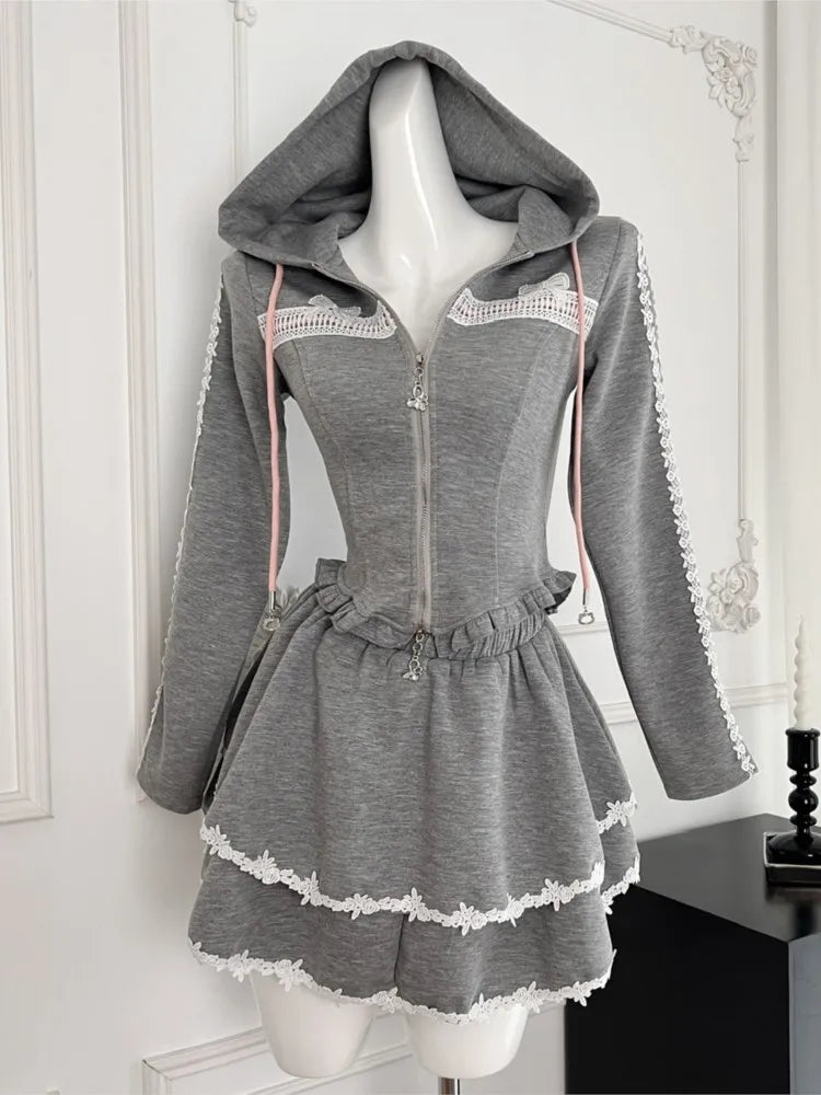 Y2k 2 Piece Set Tracksuit Hooded Zip Up Slim Coat Lace Patchwork Ruffles Mini Skirt Autumn Korean Outfits