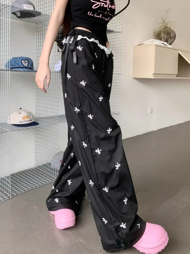 Y2k Coquette Bow Embroidery Wide Leg Pants Korean Style Kawaii Sweet Lace Patchwork High Waist Loose Pants Y2k