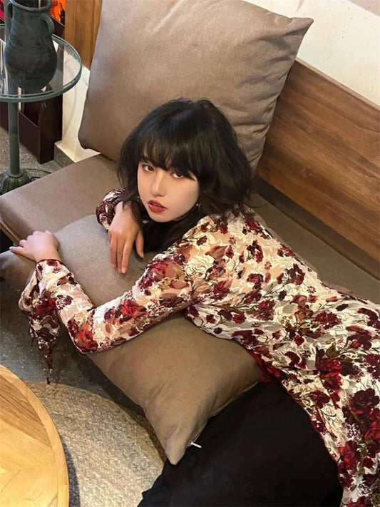 Print Blouse Female Gothic Style Red Flare Sleeve Mesh Transparent Shirt Slim Emo Laceup Cardigan