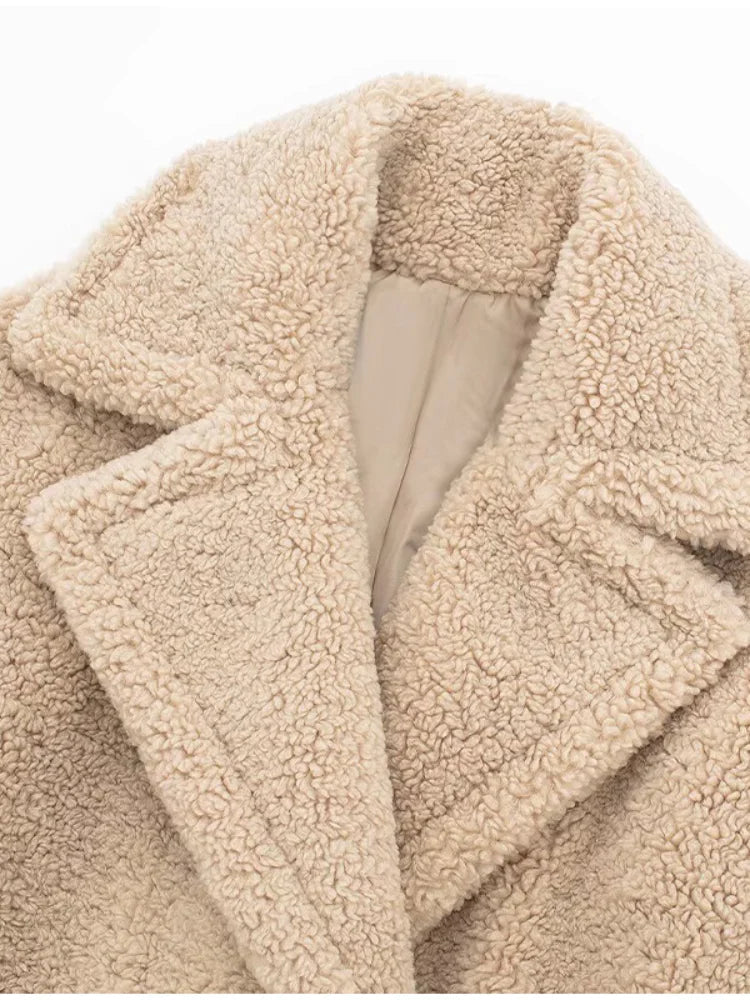 Thicken Warm Outwear Furry Double Breasted Loose Turn-down Collar Long Coat Female Winter Jackets