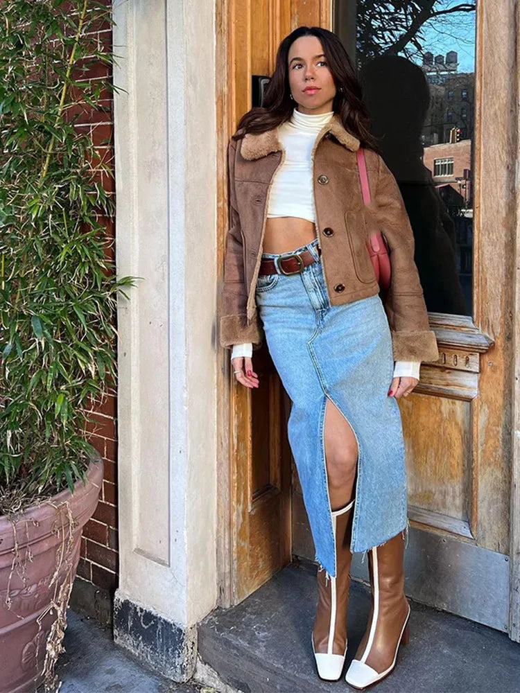 Color Thicken Lapel Short Jacket Winter New Woman Single Breasted With Pockets Coat High Street Outerwear