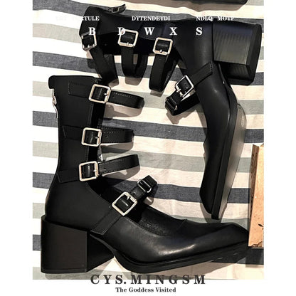 Leather Version Spicy Girl French Mary Jane Shoes Pointed Toe Thick Heel Boots Short Boots New Shoes