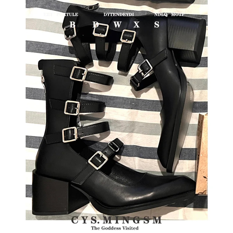 Leather Version Spicy Girl French Mary Jane Shoes Pointed Toe Thick Heel Boots Short Boots New Shoes