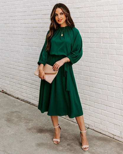 Office Dress Formal Loose Green Long Sleeve Belt A-line Midi Dresses