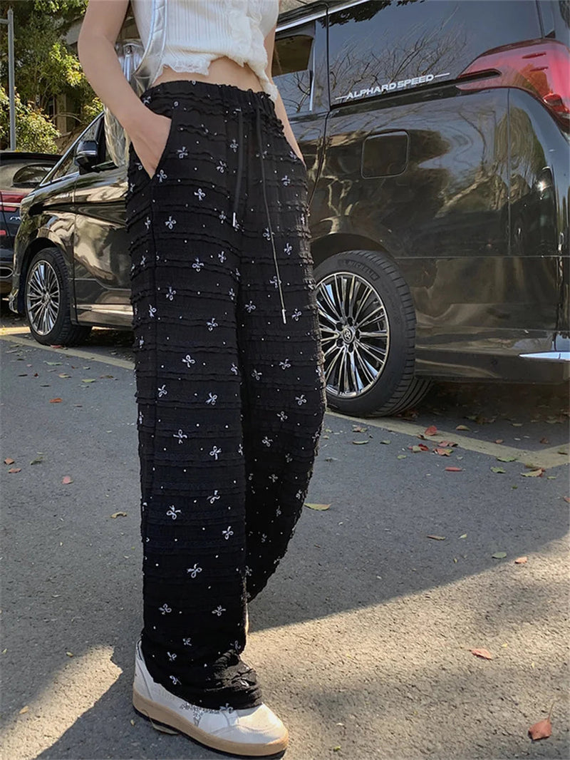 Printed Lace Pants Summer High Waist Loose Slim New Straight Office Lady Daily