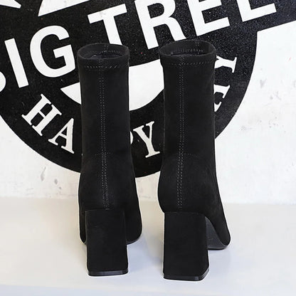 Shoes High Heel Boots Suede Ankle Boots Pointed Toe Socks Boots Thick Heel Shoes Warm Winter Boots Size 43