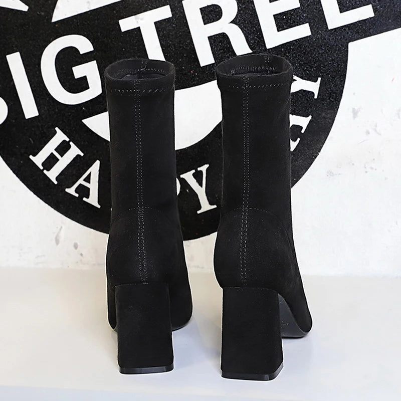 Shoes High Heel Boots Suede Ankle Boots Pointed Toe Socks Boots Thick Heel Shoes Warm Winter Boots Size 43