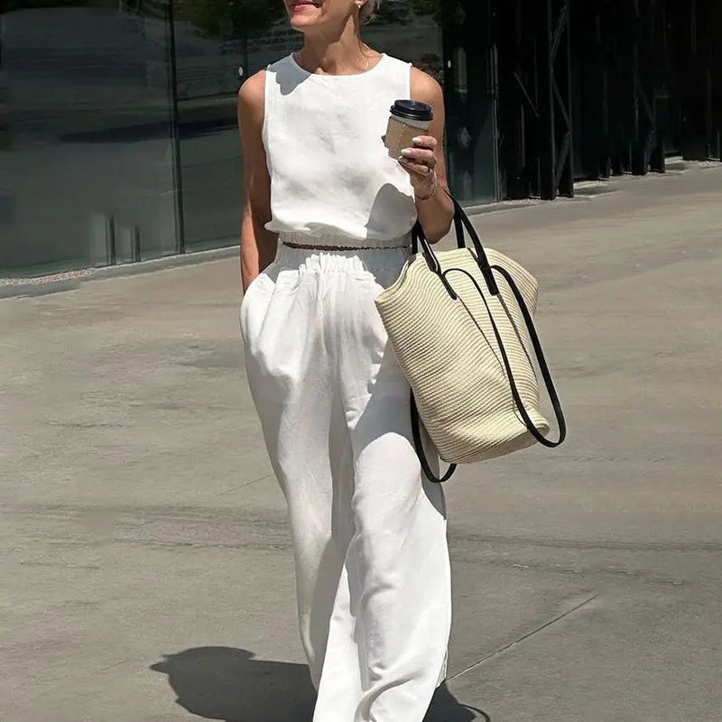 Summer Cotton Linen Loose Pant Two Piece Sets Suits Sleeve Cropped Tops and High Waist Slit Trousers Sets