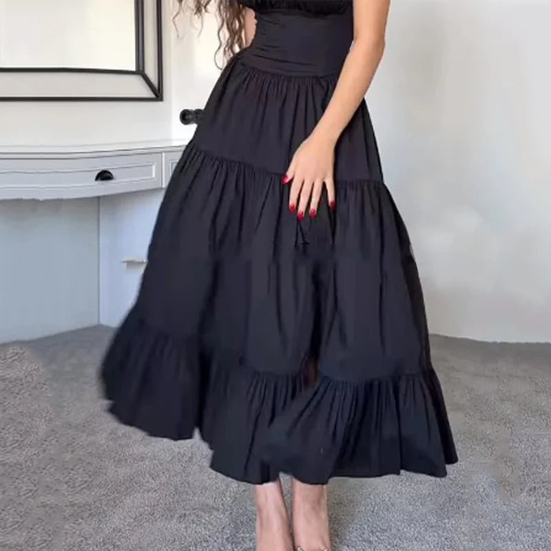 Dresses Summer Square Neck Bow Strap Sleeveless Black Pleated Party Long Dress