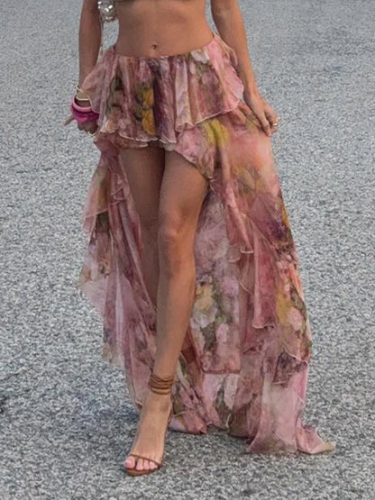 Beach Print Chiffon Ruffled Skirt Asymmetrical Dipped Hem Pink Romantic Vacation Skirts
