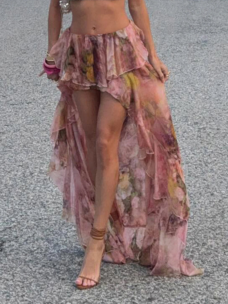 Beach Print Chiffon Ruffled Skirt Asymmetrical Dipped Hem Pink Romantic Vacation Skirts