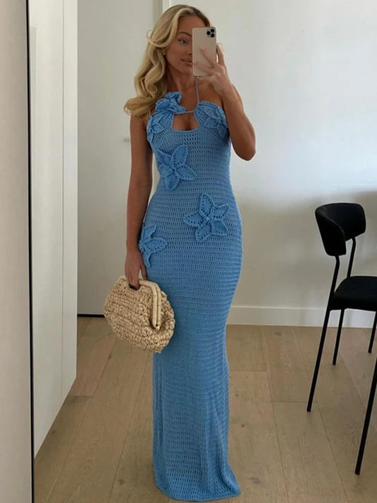 Knitted 3d Flower Halter Long Dress Crochet Hollow Out Sleeveless Blue Maxi Dresses New Lady Beach Vacation Robe