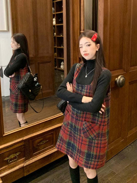 Christmas Red Plaid Strap Dress Female Autumn Winter New Dresses Slimming Sweet Age Reduction Woolen Base Skirt