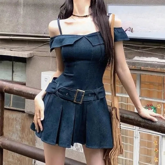 Denim Mini Dresses Ruffles Slash Neck Spring Summer Y2k Vestidos Mujer Korean Dress