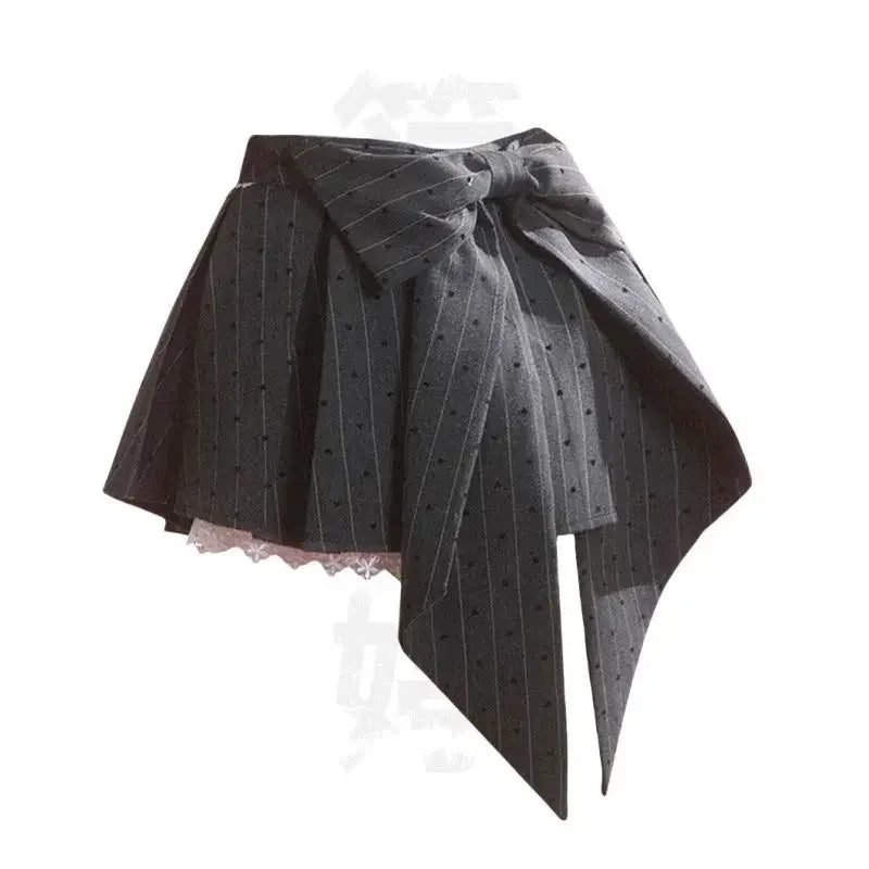 Gray Dot Pleated Skirt Bow Lace Patchwork Summer Mini Skirt Hotsweet Y2k Girl Lolita Style Cutecore Skirt