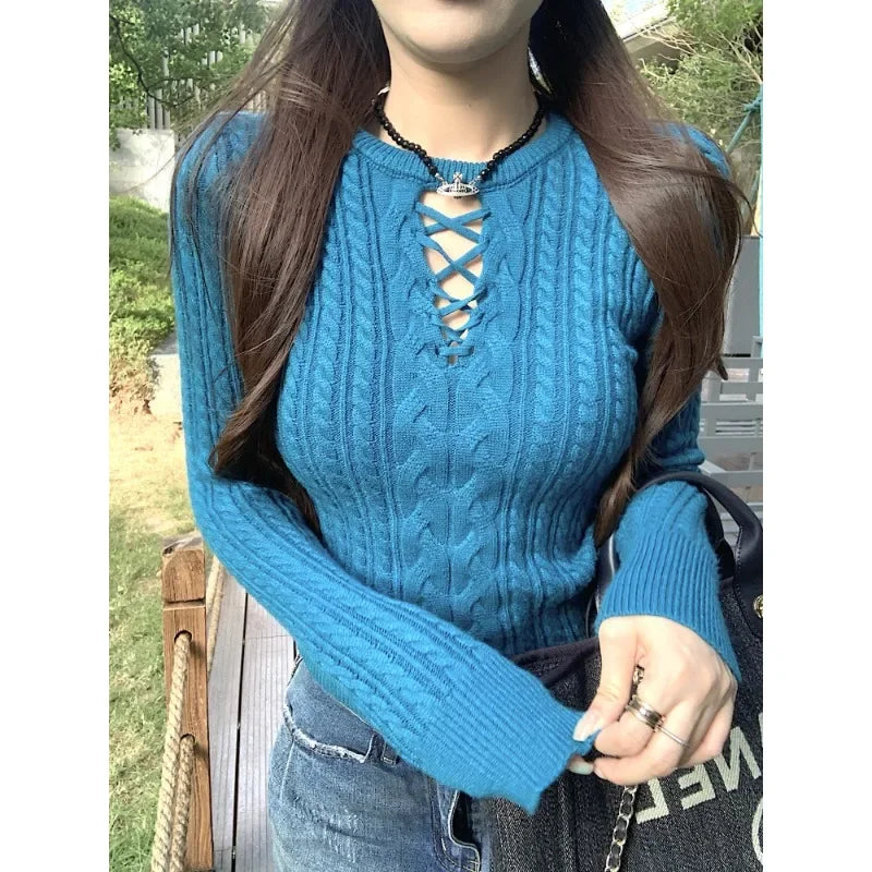 Hollow Color Longsleeved Sweater Autumn New Oneck Laceup Slim Allmatch Knitted Tops