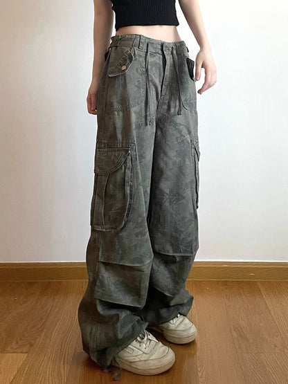 Print Camouflage Cargo Jeans Pockets Mid Waist Preppy Hippie Straight Denim Pants