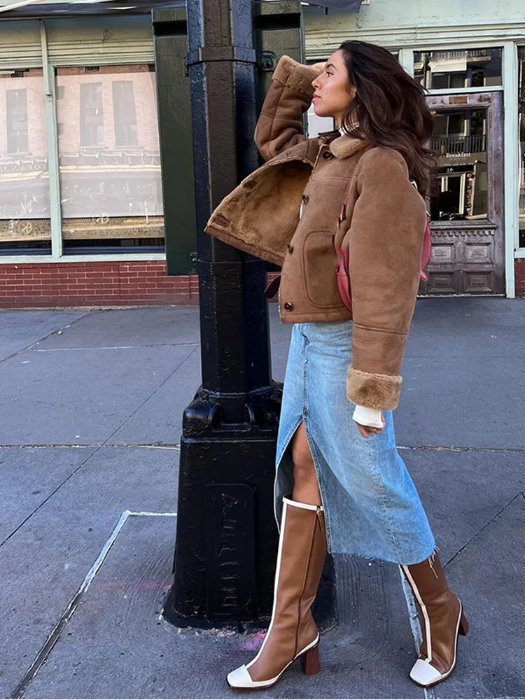 Color Thicken Lapel Short Jacket Winter New Woman Single Breasted With Pockets Coat High Street Outerwear