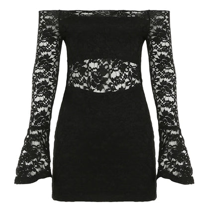Lace Sheer Slim Fit ��s Dress Flared Long Sleeves Slash Neck Black Mini Dress