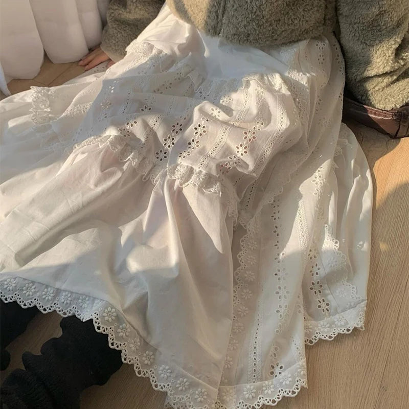 Korean Retro Lace Splicing Loose Midlength Skirt Spring New High Waist Hollow Color Aline Skirt