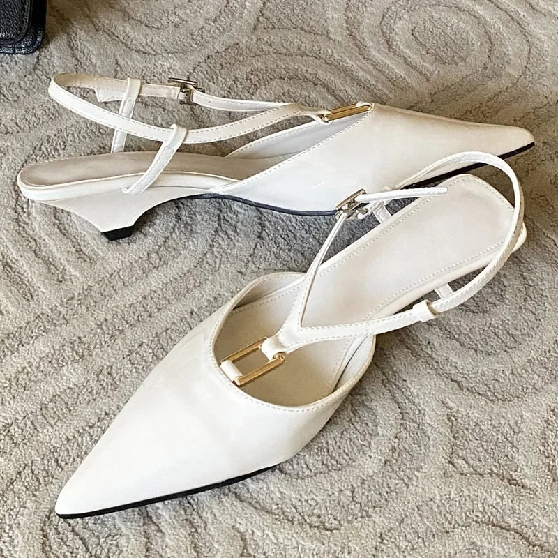 Spring Square Buckle Strap Pumps Sandals Thin Low Heels Pointed Toe Slingback Shoes
