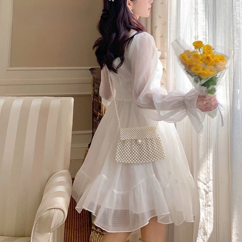 French Sweet Fairy Lolita Dress Long Sleeve Lace Mini Dress Kawaii Clothes One Piece Dress Korean Autumn