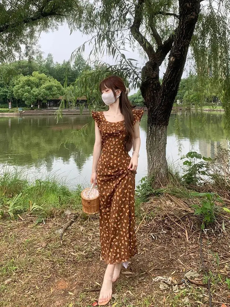 Flying Sleeve Dresses Print Ruffles Sweet Spring Summer Long Dress French Style Vestidos Mujer