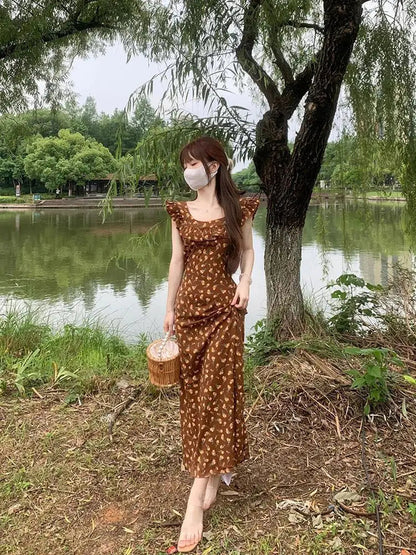 Flying Sleeve Dresses Print Ruffles Sweet Spring Summer Long Dress French Style Vestidos Mujer