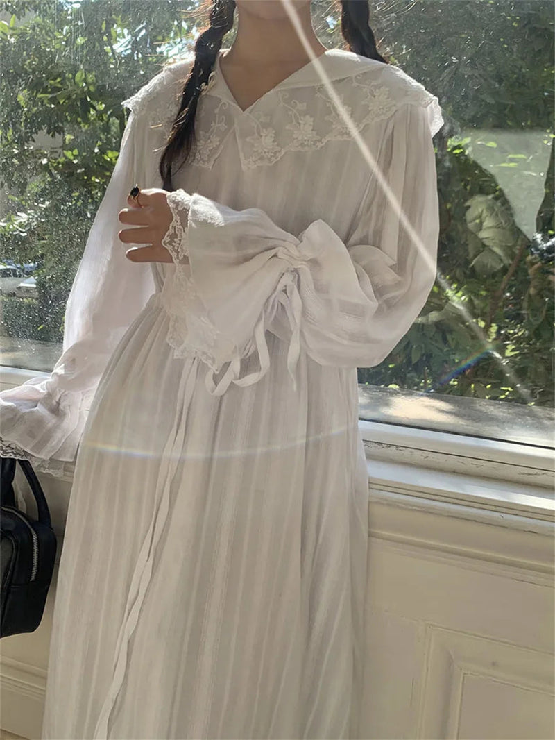 White Flare Sleeve Long Dress Lace Sweet Vneck Slim Cotton New Spring Office Lady Florals Gentle