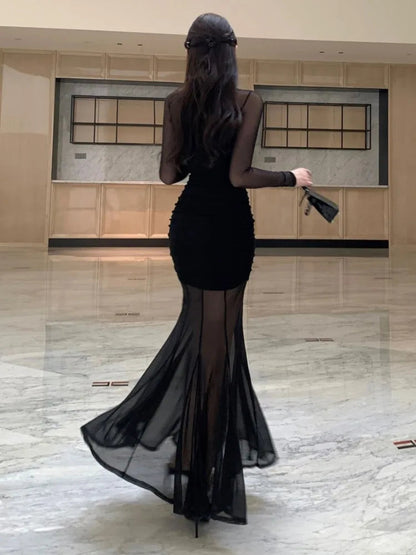 Mesh Maxi Dresses for Bodycon Long Sleeve Mermaid Evening Party Dress Prom Robe Black One Piece Vestidos Mujer New