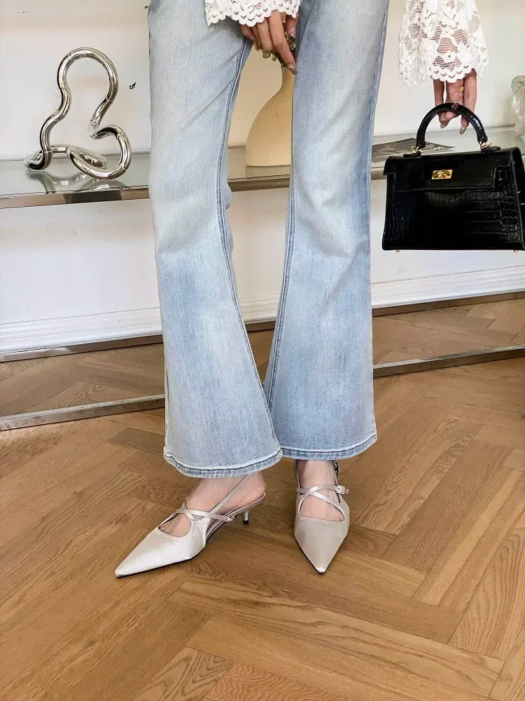 Narrow Band Buckle Strap Woman Pumps Pointed Toe Thin Low Heels Party Dress Female Shoes