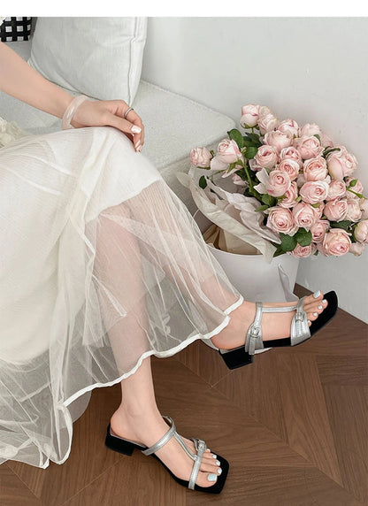 Summer Open Toe Slippers Thick Heel Beach Vacation Slides Party Dress Shoes