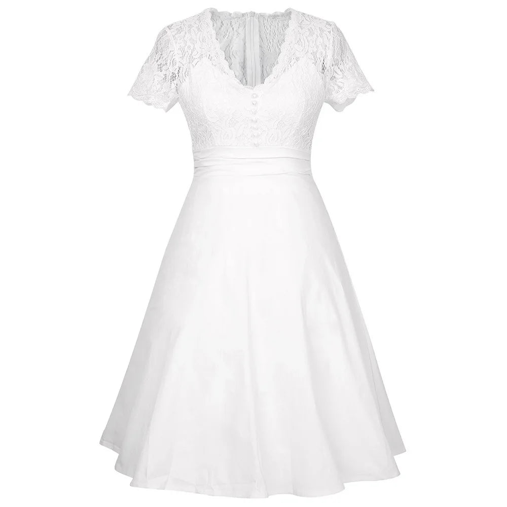 Summer New American Temperament White Lace Dress Stitching Vneck Shortsleeved Party Dresses