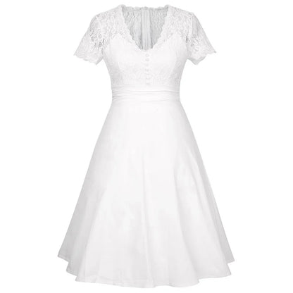 Summer New American Temperament White Lace Dress Stitching Vneck Shortsleeved Party Dresses