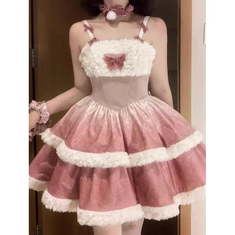 Plush Short Coat Waist Cinched Aline Puffy Lolita Dress Sweet Bow Gradient Mini Camisole Dress Set Two Piece Set Outfits