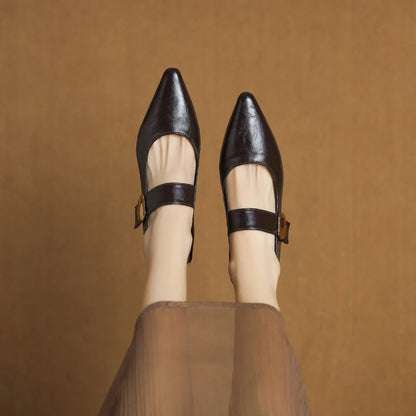 French Thickheeled Magic Sticker Shallow Shoes Spring New Pointed and Fashionable Versatile Nonslip Small Leather Shoes