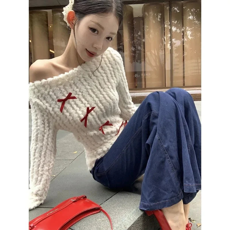 Y2k Knitted Sweater Long Slleve Korean Design Knit Pullovers 2000s Party Autumn Jumper