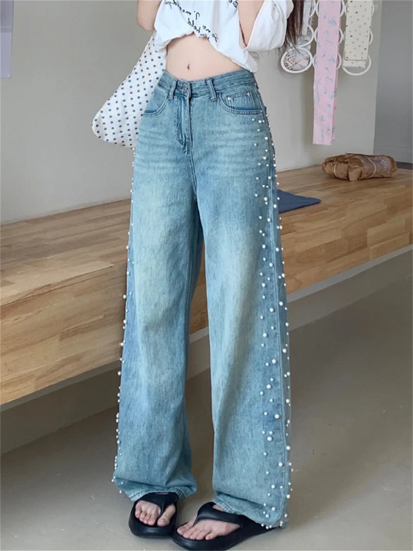 Summer Straight Jeans Pearls Wide Leg Mopping Light Washed High Waist New Denim Pants