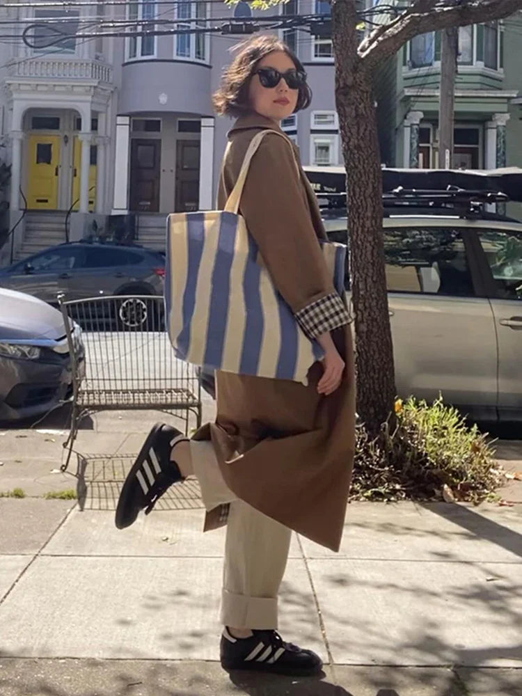 Woman Long Trench Coats Khaki Plaid Lined Lapel Single Breasted Jacket With Pocket Autumn Lady Commute Outwear