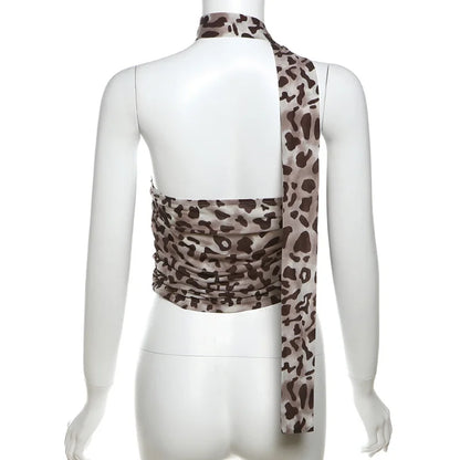 Tulle Leopard Print Top With Bandeau Off-the-shoulder Straight-cut Neckline Summer for Summer Blouse
