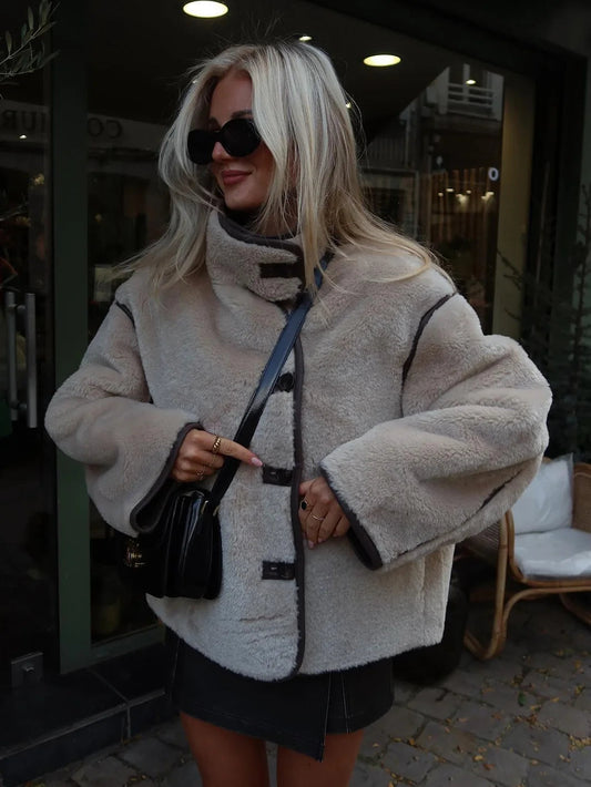 Loose Jackets Woman Spring Standup Collar Long Sleeve Thick Warm Jacket Coat New Outerwear