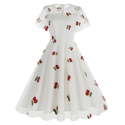New Retro Pink Strawberry Mesh Birthday Long Dress 50s Flare Sleeve Summer Prom Evening Party Dresses