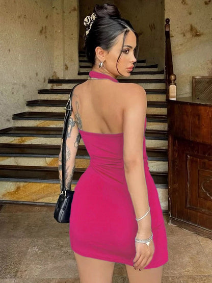 Knit Halter Backless Slit Neck Mini Dress